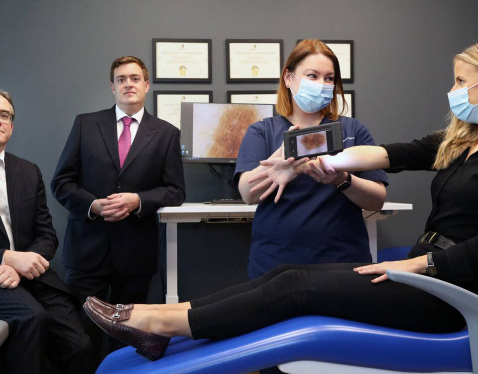 Nurse Nora Chiorascu, patient Jenny Luke, consultant dermatologist Dr Rupert Barry and DermView chief executive Eoin O’Reilly